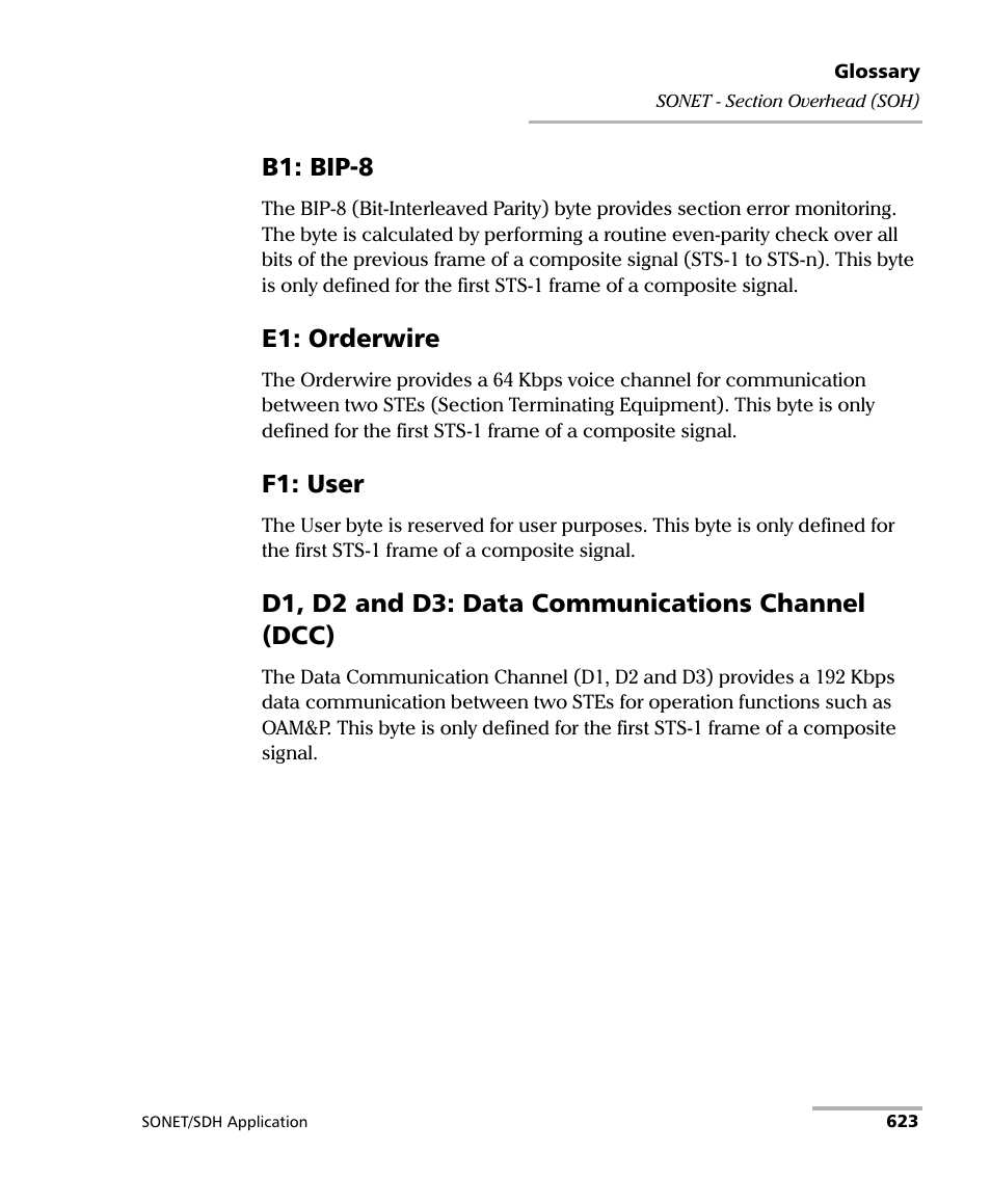 B1: bip-8, E1: orderwire, F1: user | D1, d2 and d3: data communications channel (dcc) | EXFO FTB-8100 Series Transport Blazer for FTB-500 User Manual | Page 637 / 719