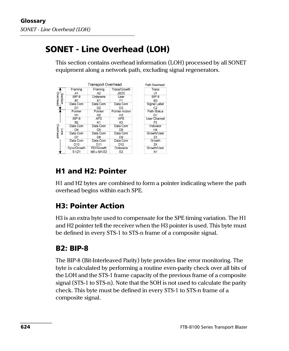 Sonet - line overhead (loh), H1 and h2: pointer, H3: pointer action | B2: bip-8 | EXFO FTB-8100 Series Transport Blazer for FTB-500 User Manual | Page 638 / 719