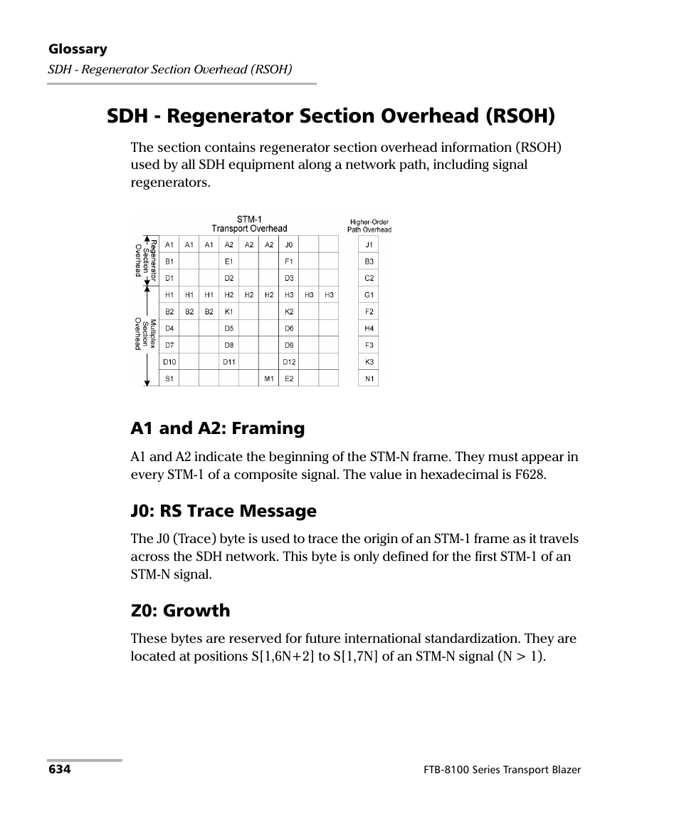 Sdh - regenerator section overhead (rsoh), A1 and a2: framing, J0: rs trace message | Z0: growth | EXFO FTB-8100 Series Transport Blazer for FTB-500 User Manual | Page 648 / 719