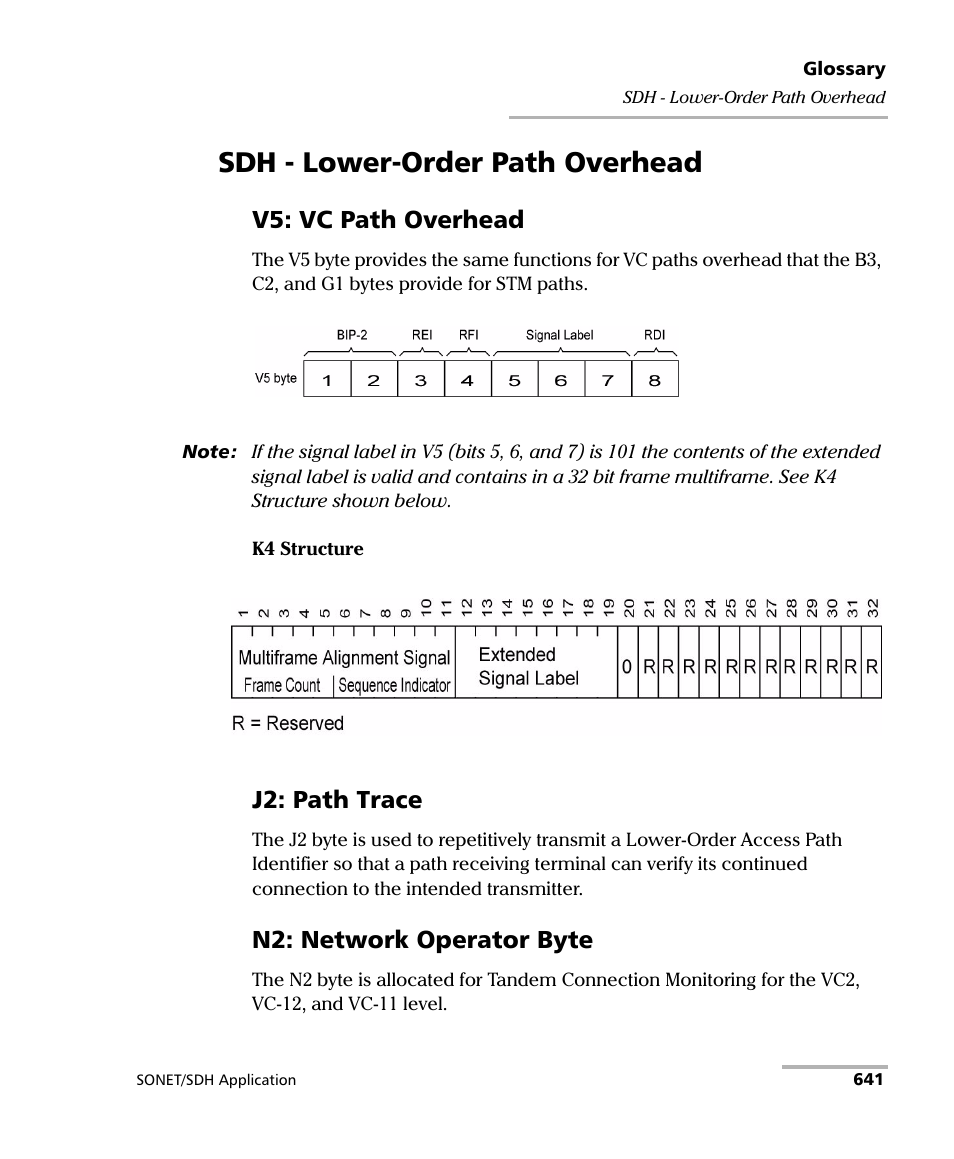 Sdh - lower-order path overhead, V5: vc path overhead, J2: path trace | N2: network operator byte | EXFO FTB-8100 Series Transport Blazer for FTB-500 User Manual | Page 655 / 719