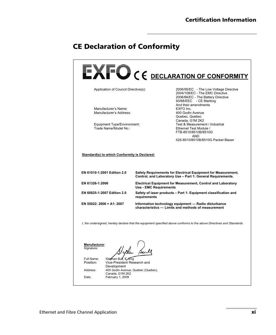 Ce declaration of conformity, Declaration of conformity, Certification information | EXFO FTB-8500 Series for FTB-200 User Manual | Page 11 / 513