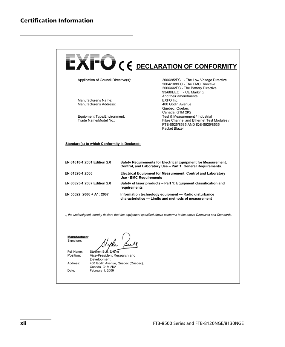 Declaration of conformity, Certification information | EXFO FTB-8500 Series for FTB-200 User Manual | Page 12 / 513