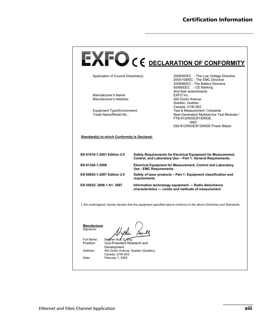 Declaration of conformity, Certification information, Xiii | Ethernet and fibre channel application | EXFO FTB-8500 Series for FTB-200 User Manual | Page 13 / 513