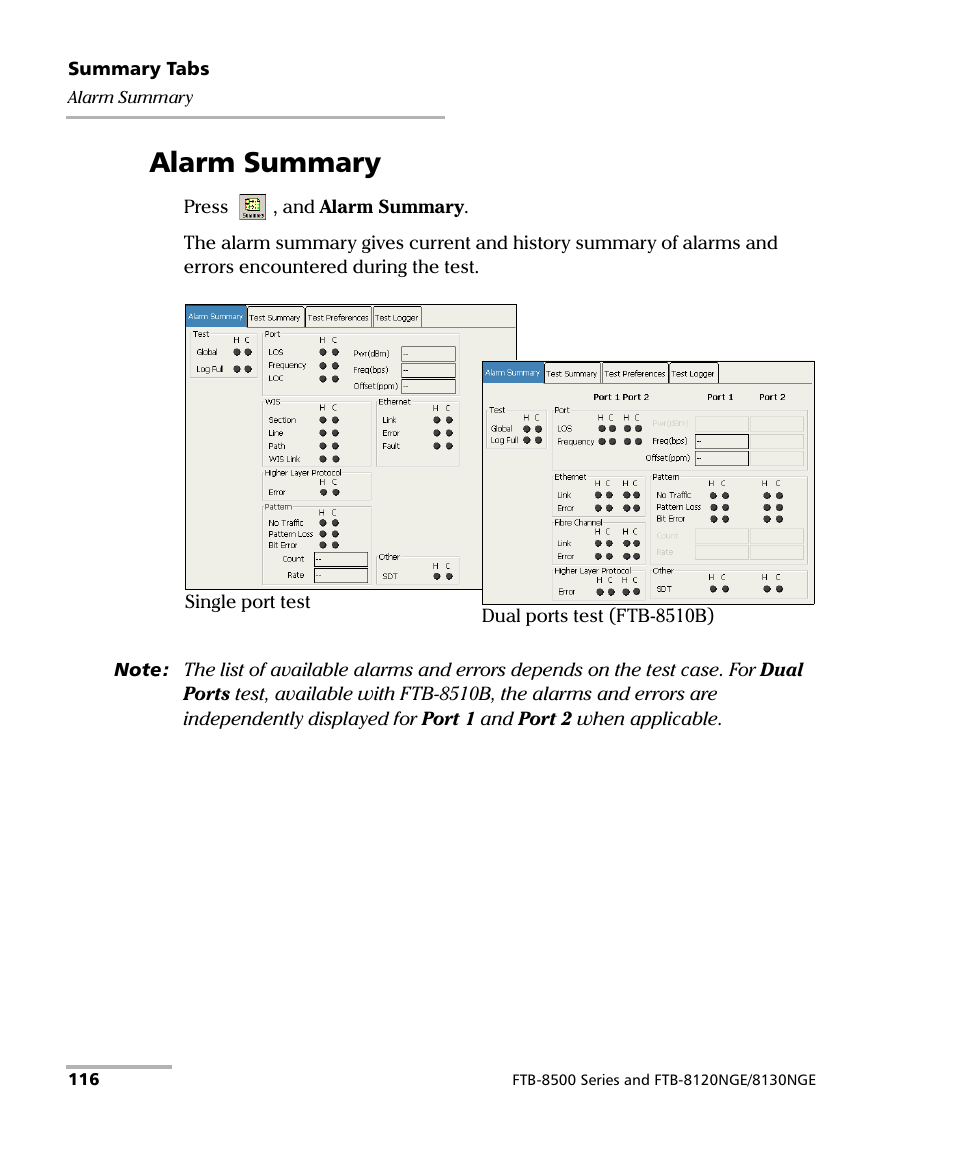 Alarm summary | EXFO FTB-8500 Series for FTB-200 User Manual | Page 130 / 513