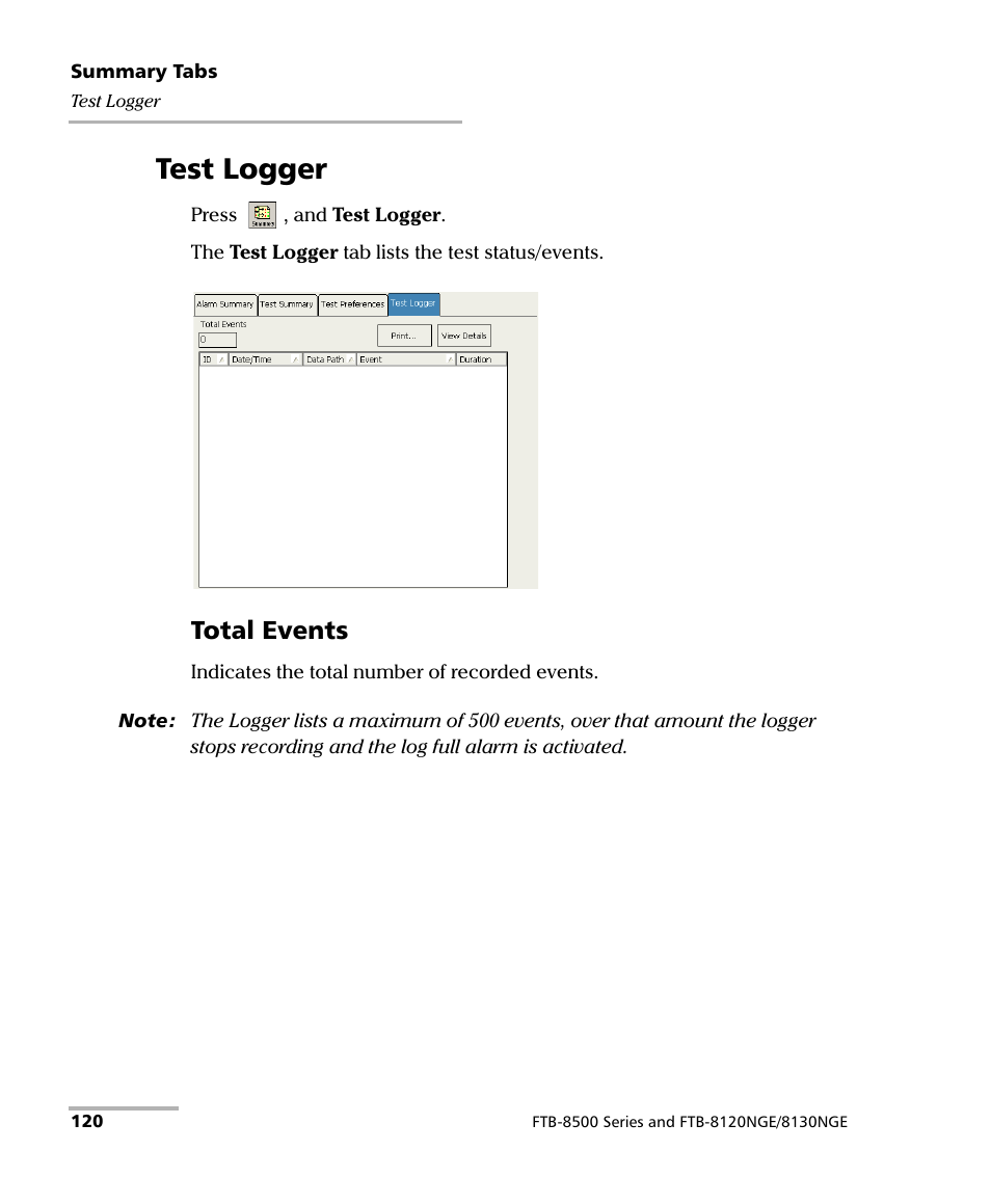 Test logger, Total events | EXFO FTB-8500 Series for FTB-200 User Manual | Page 134 / 513