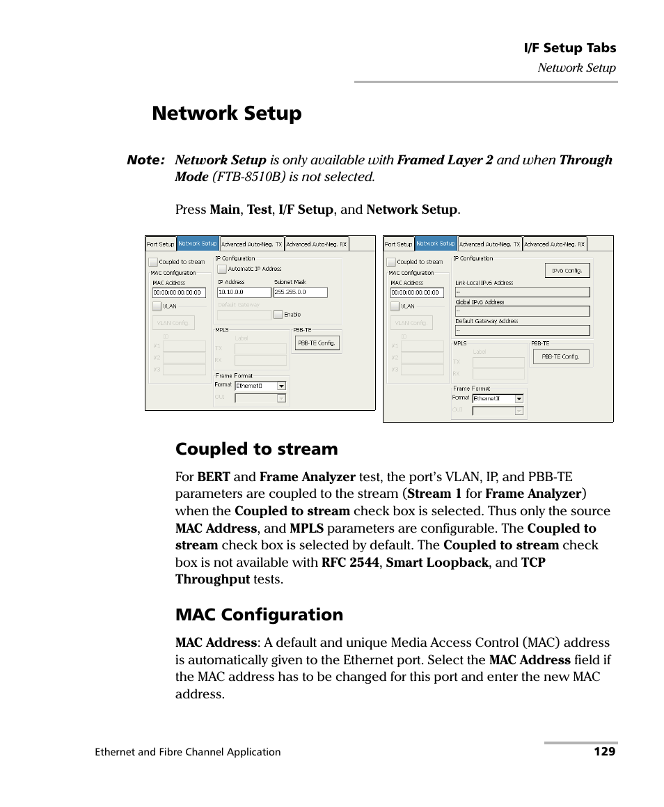 Network setup, Coupled to stream, Mac configuration | EXFO FTB-8500 Series for FTB-200 User Manual | Page 143 / 513