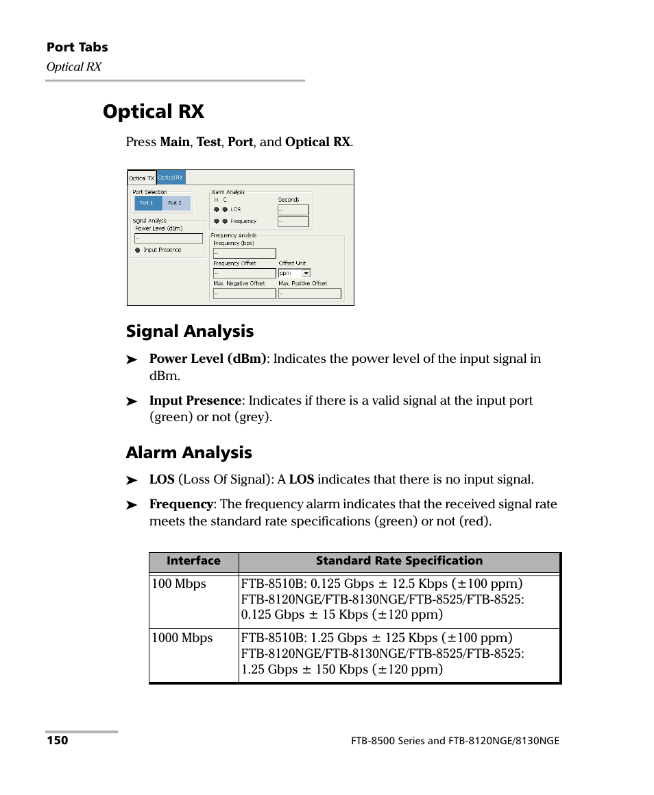 Optical rx, Signal analysis, Alarm analysis | EXFO FTB-8500 Series for FTB-200 User Manual | Page 164 / 513