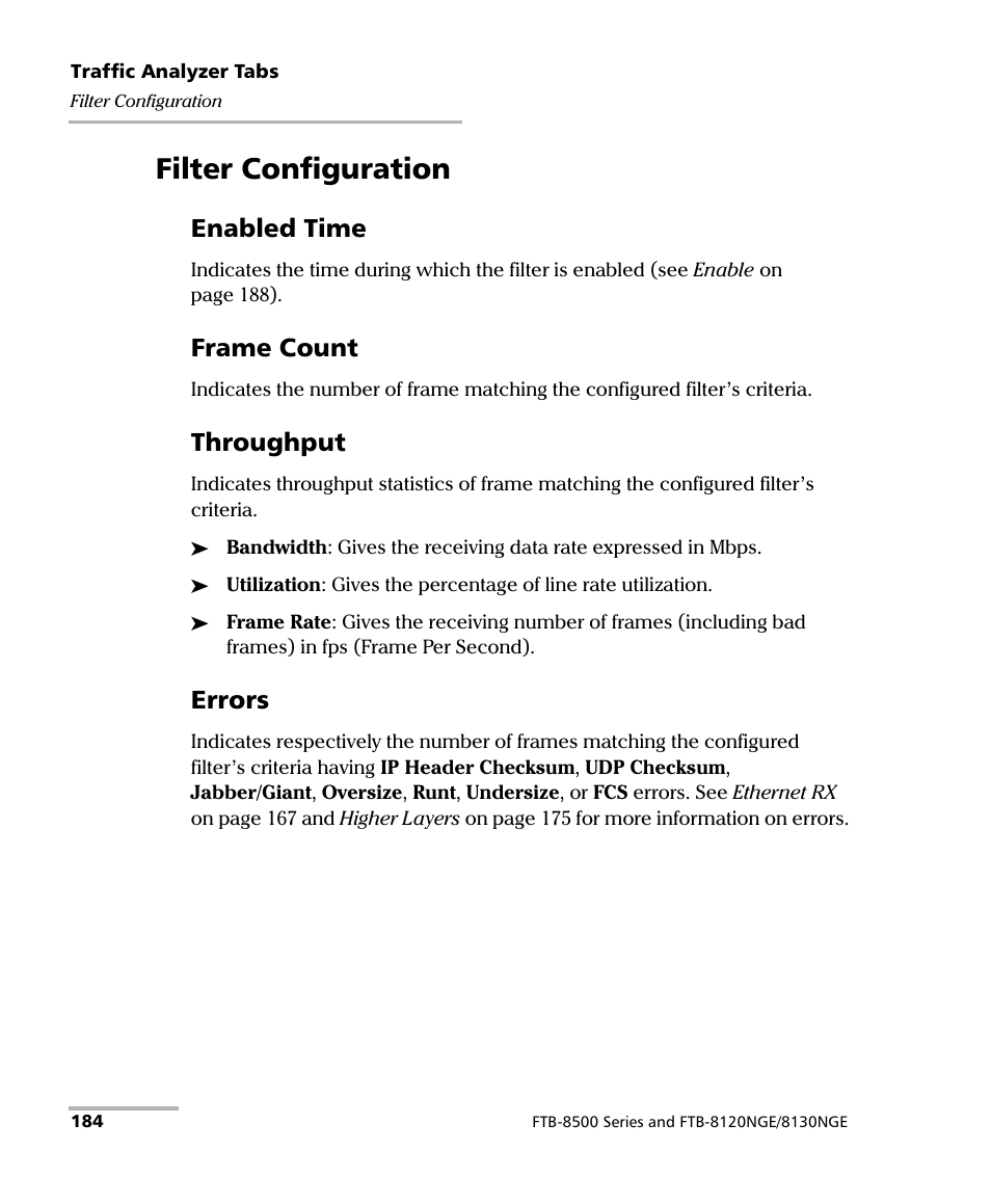 Filter configuration, Enabled time, Frame count | Throughput, Errors | EXFO FTB-8500 Series for FTB-200 User Manual | Page 198 / 513