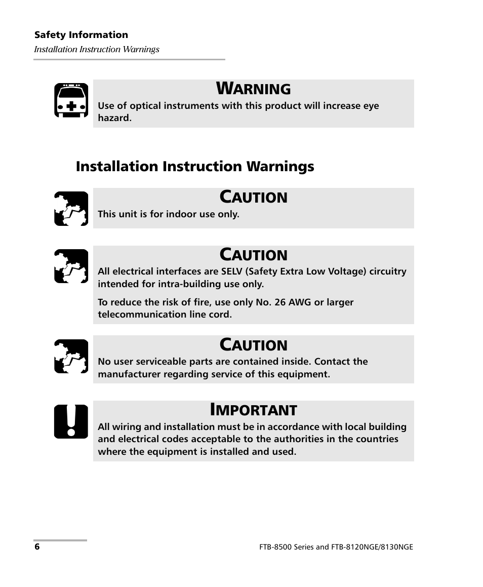 Installation instruction warnings | EXFO FTB-8500 Series for FTB-200 User Manual | Page 20 / 513