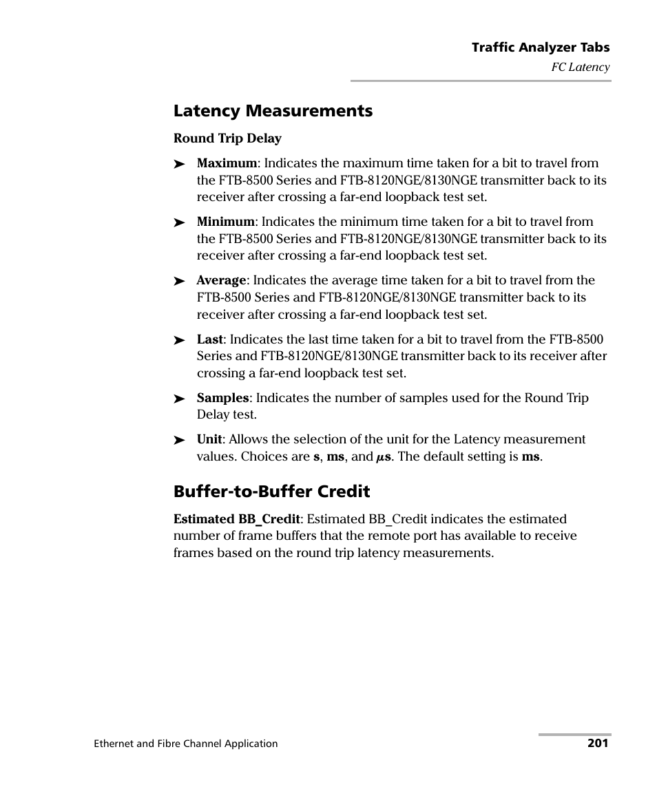 Latency measurements, Buffer-to-buffer credit | EXFO FTB-8500 Series for FTB-200 User Manual | Page 215 / 513