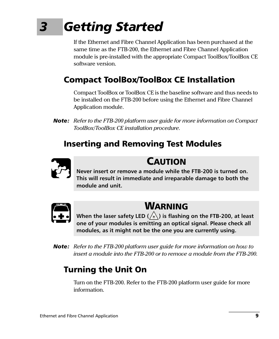 3 getting started, Compact toolbox/toolbox ce installation, Inserting and removing test modules | Turning the unit on, 3getting started, Aution, Arning | EXFO FTB-8500 Series for FTB-200 User Manual | Page 23 / 513
