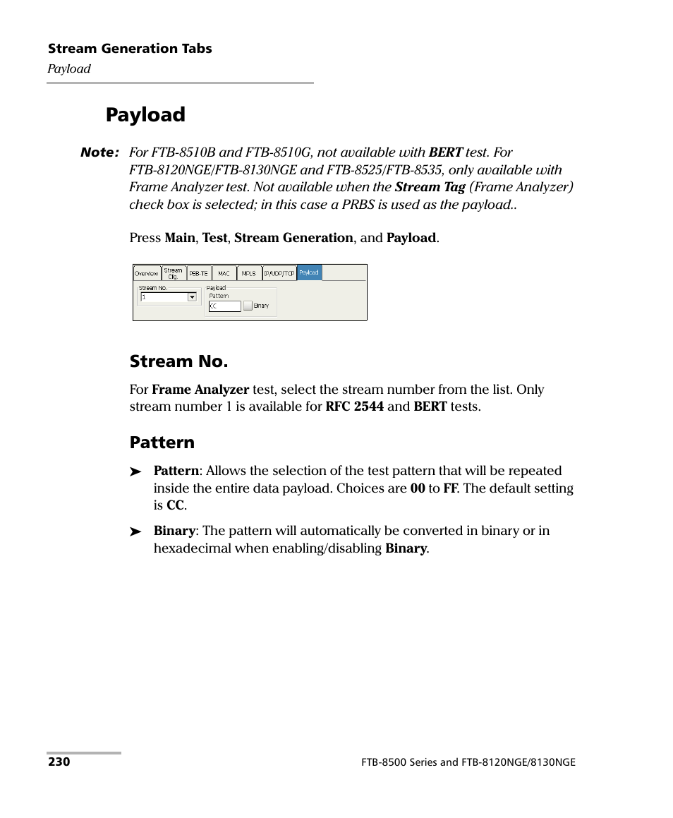 Payload, Stream no, Pattern | EXFO FTB-8500 Series for FTB-200 User Manual | Page 244 / 513