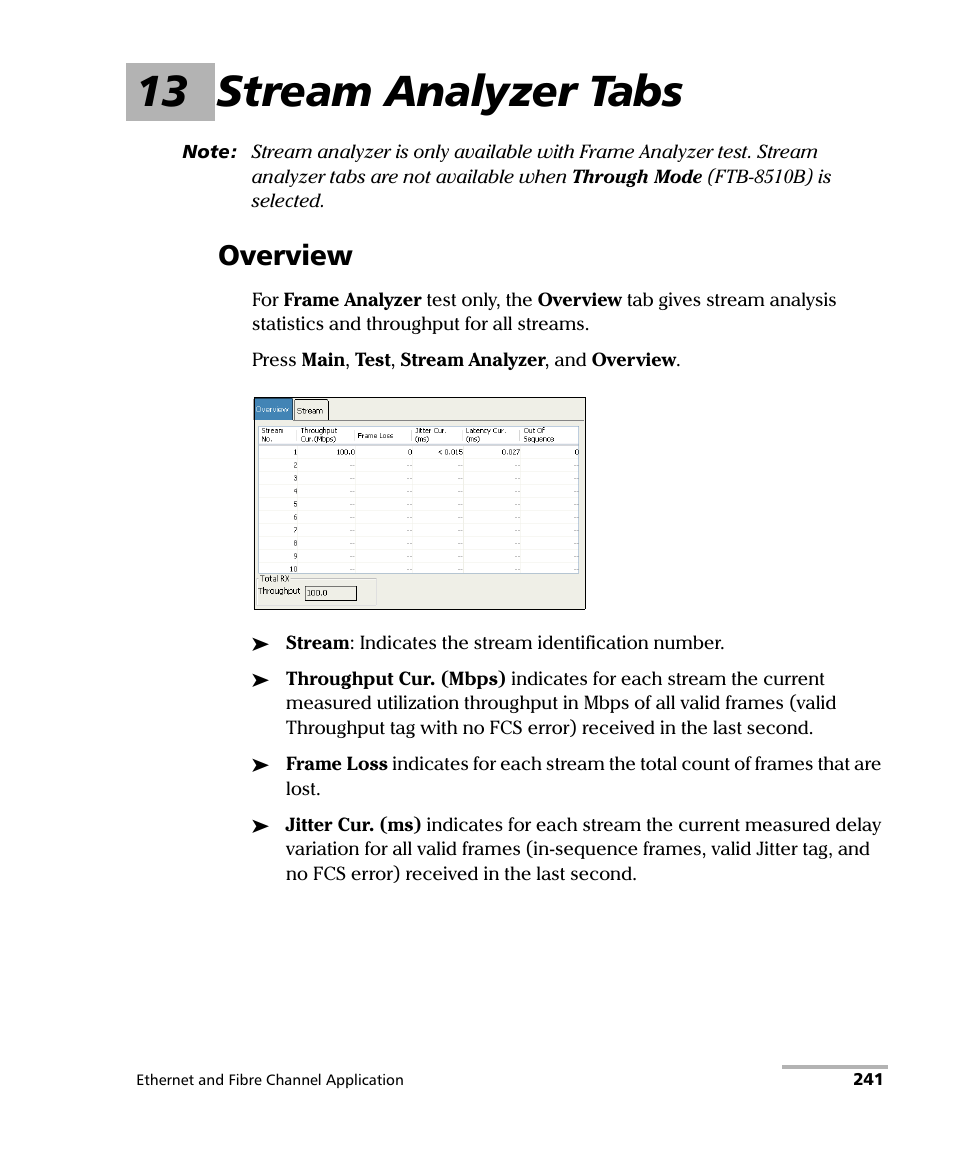 13 stream analyzer tabs, Overview | EXFO FTB-8500 Series for FTB-200 User Manual | Page 255 / 513