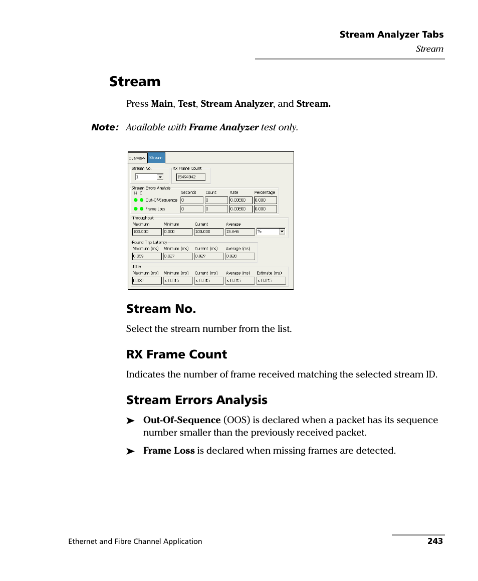 Stream, Stream no, Rx frame count | Stream errors analysis | EXFO FTB-8500 Series for FTB-200 User Manual | Page 257 / 513