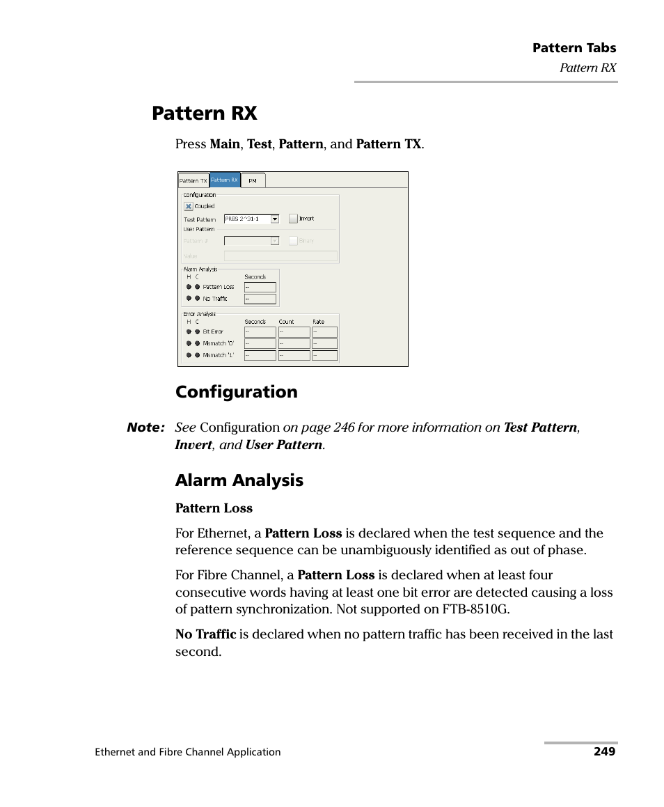 Pattern rx, Configuration, Alarm analysis | EXFO FTB-8500 Series for FTB-200 User Manual | Page 263 / 513