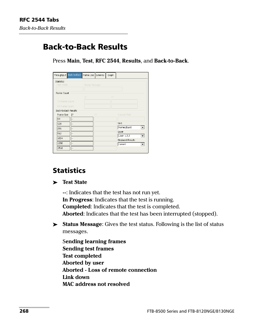 Back-to-back results, Statistics | EXFO FTB-8500 Series for FTB-200 User Manual | Page 282 / 513