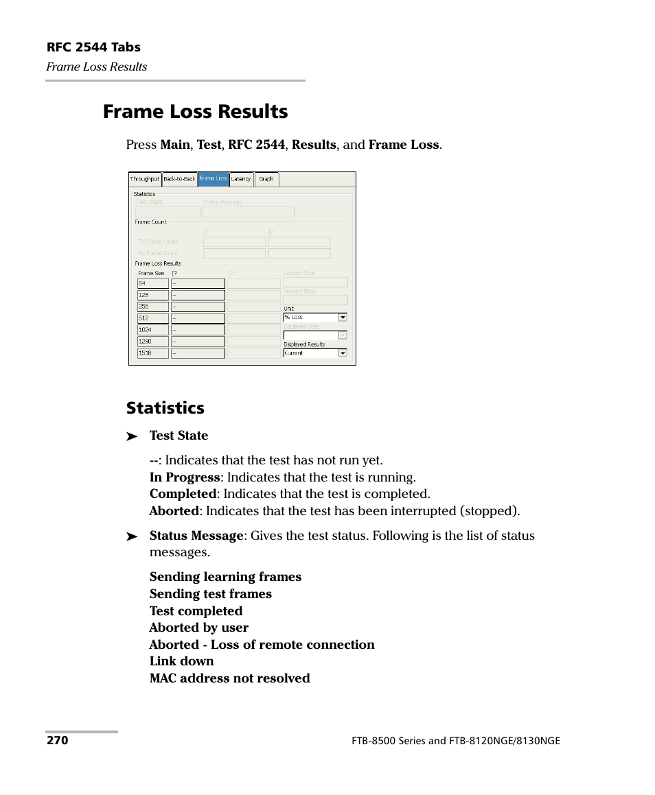 Frame loss results, Statistics | EXFO FTB-8500 Series for FTB-200 User Manual | Page 284 / 513