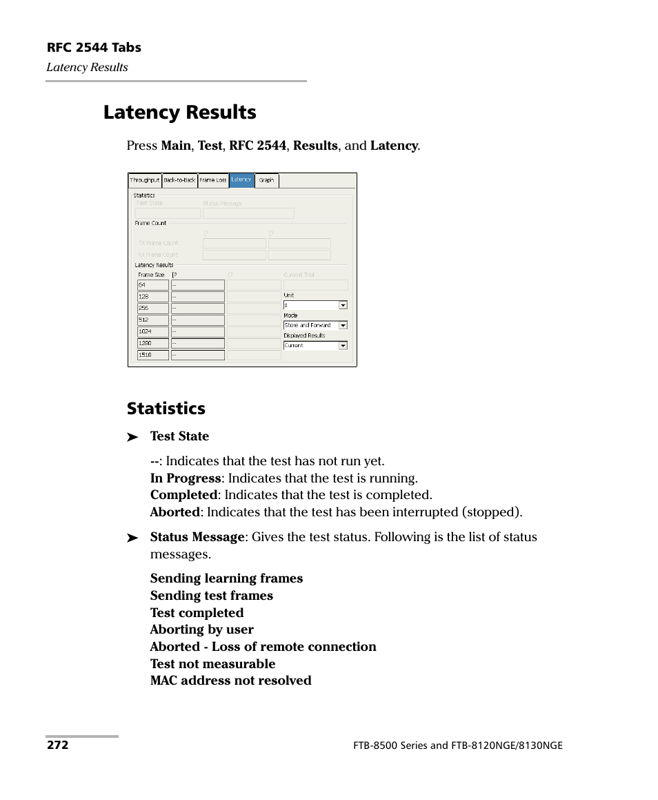 Latency results, Statistics | EXFO FTB-8500 Series for FTB-200 User Manual | Page 286 / 513