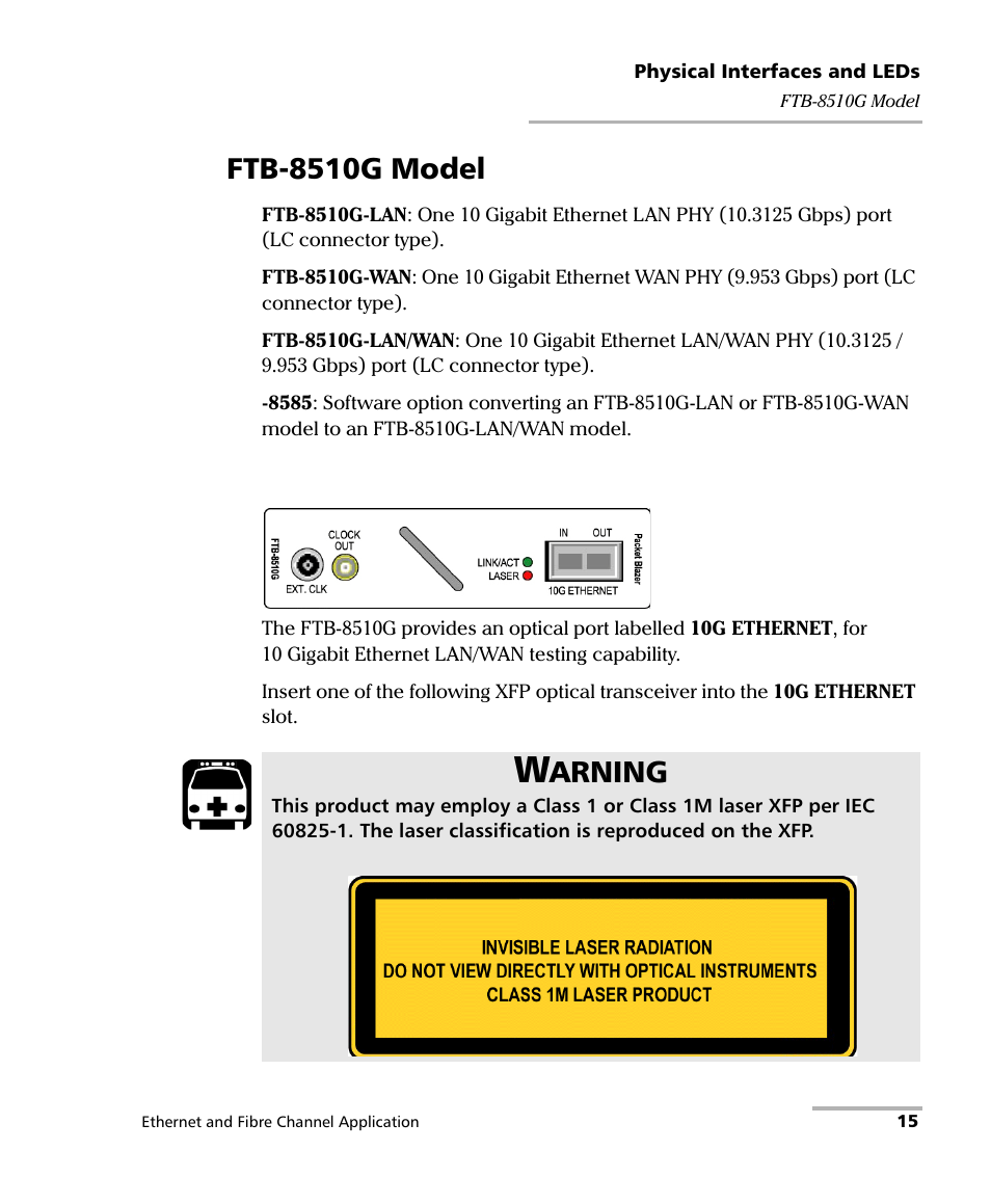 Ftb-8510g model, Arning | EXFO FTB-8500 Series for FTB-200 User Manual | Page 29 / 513