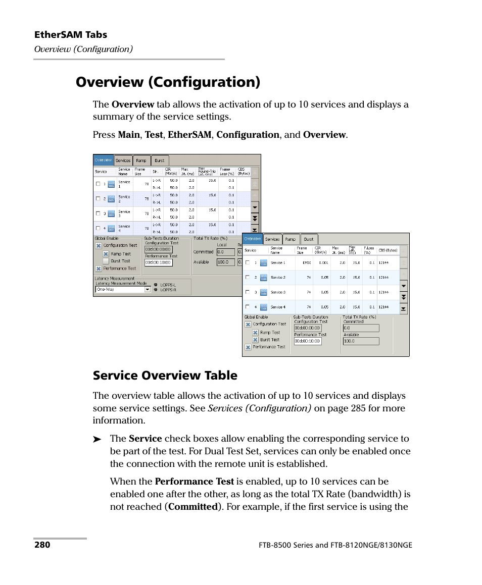 Overview (configuration), Service overview table | EXFO FTB-8500 Series for FTB-200 User Manual | Page 294 / 513