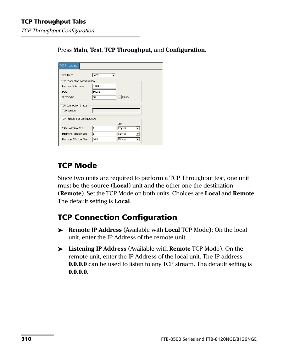 Tcp mode, Tcp connection configuration | EXFO FTB-8500 Series for FTB-200 User Manual | Page 324 / 513