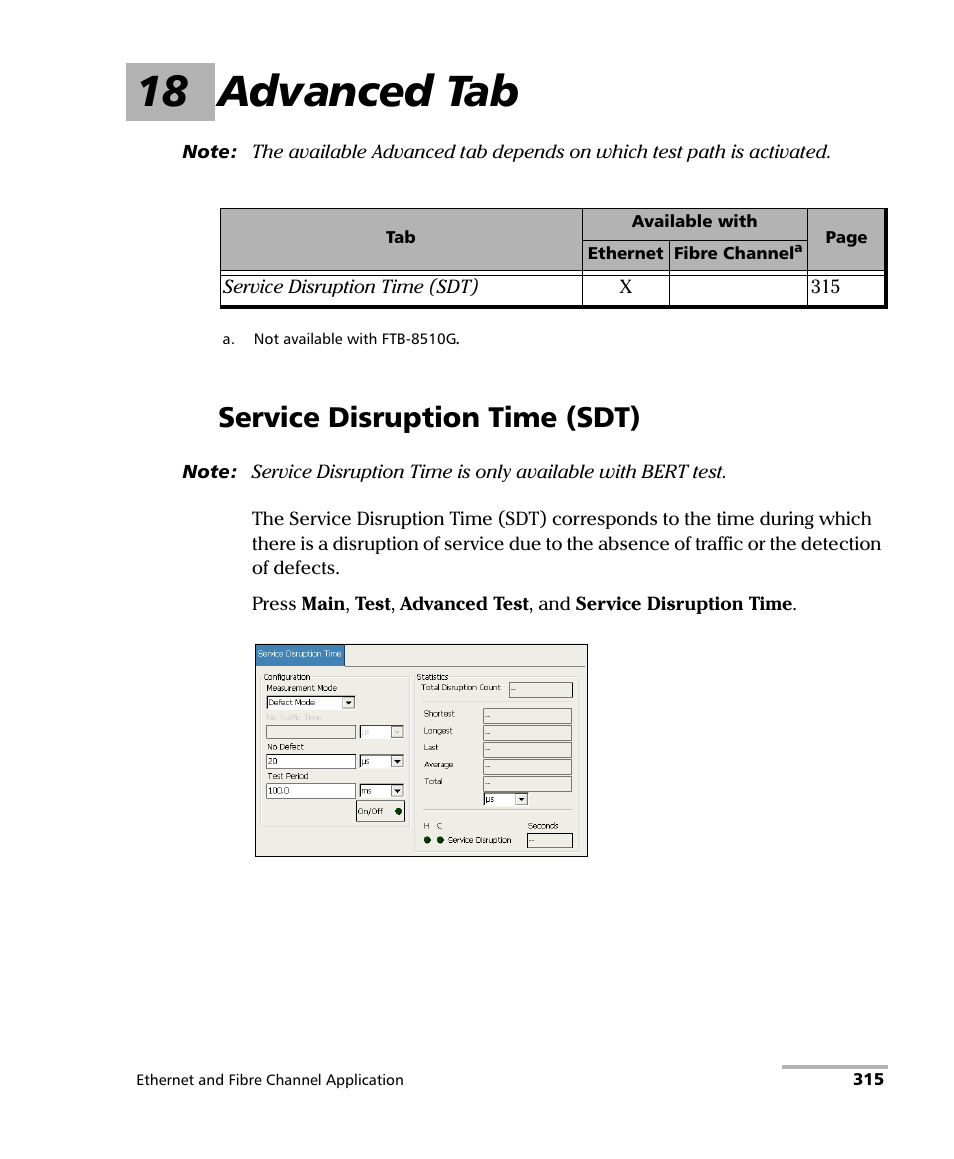 18 advanced tab, Service disruption time (sdt) | EXFO FTB-8500 Series for FTB-200 User Manual | Page 329 / 513