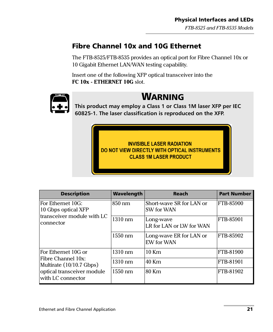 Fibre channel 10x and 10g ethernet, Arning | EXFO FTB-8500 Series for FTB-200 User Manual | Page 35 / 513