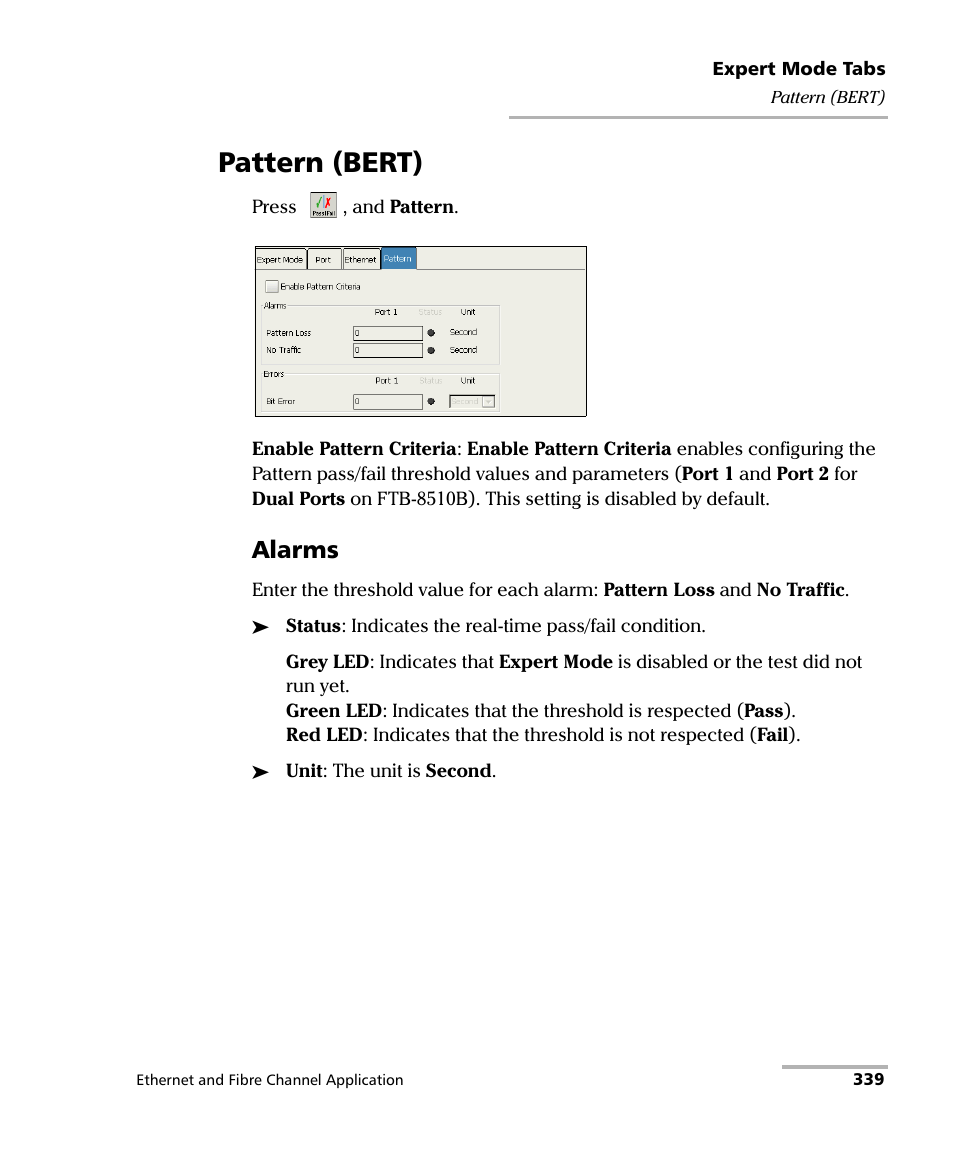 Pattern (bert), Alarms | EXFO FTB-8500 Series for FTB-200 User Manual | Page 353 / 513
