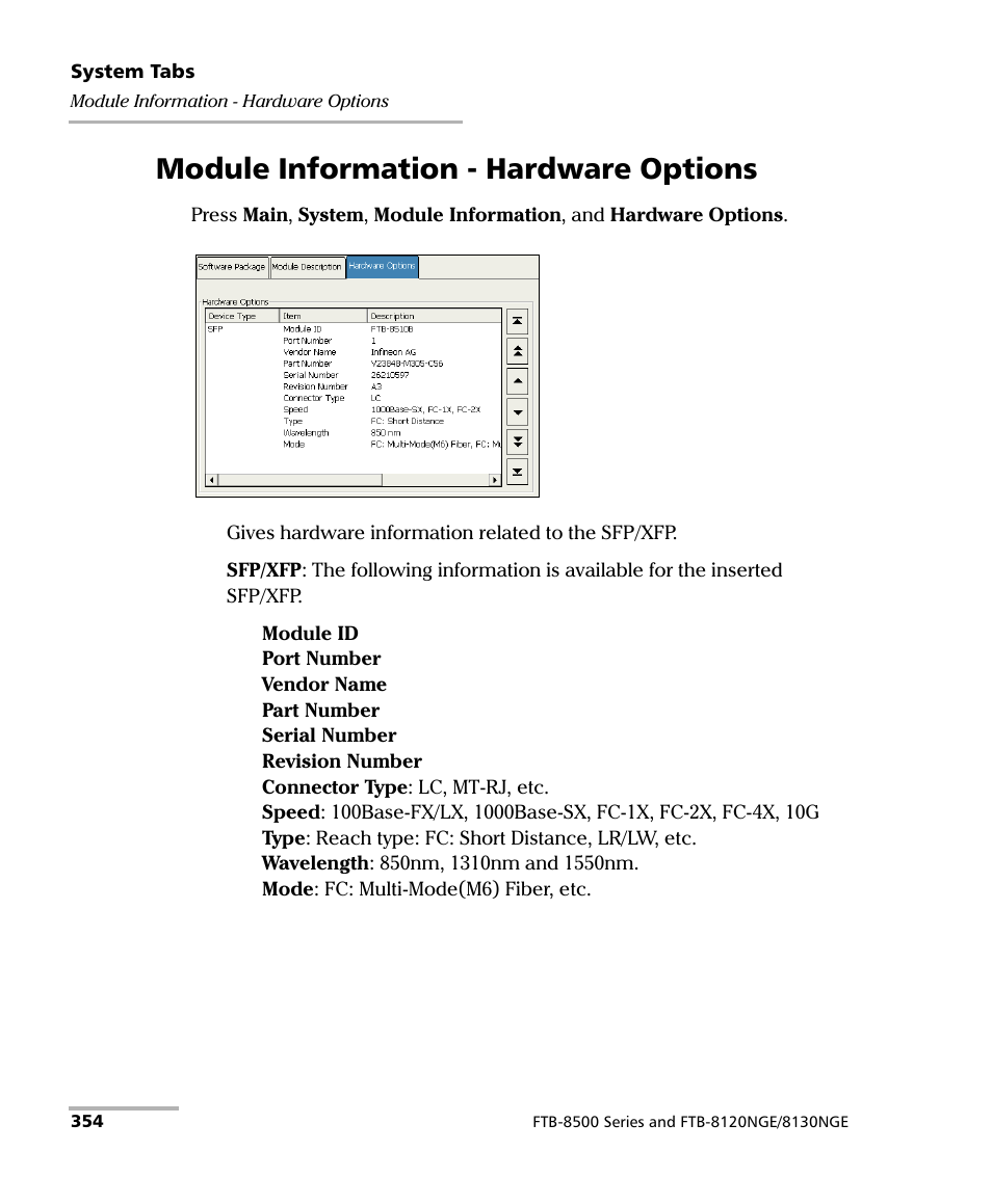 Module information - hardware options | EXFO FTB-8500 Series for FTB-200 User Manual | Page 368 / 513