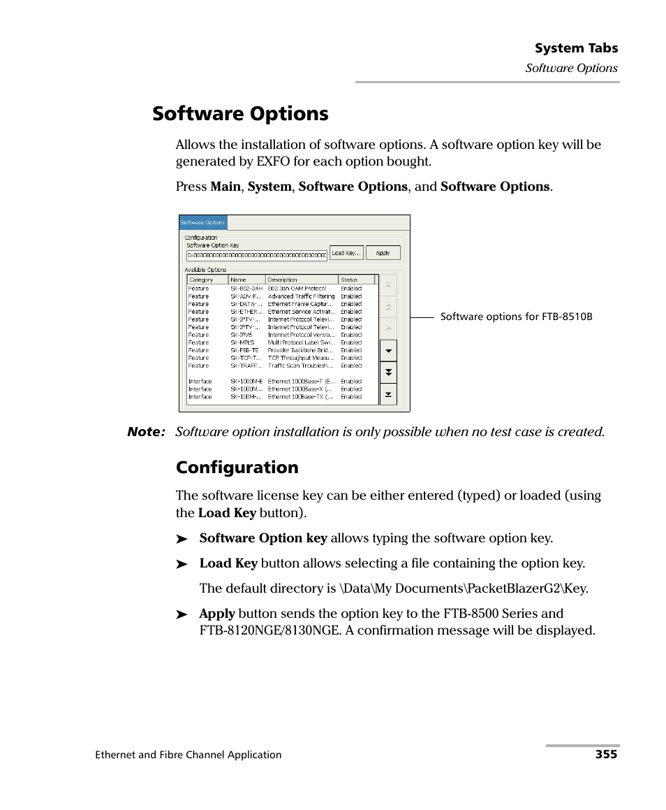 Software options, Configuration | EXFO FTB-8500 Series for FTB-200 User Manual | Page 369 / 513