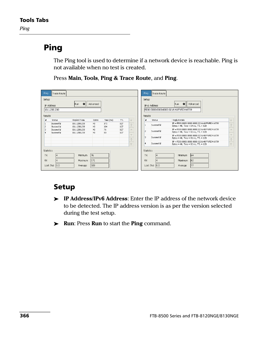 Ping, Setup | EXFO FTB-8500 Series for FTB-200 User Manual | Page 380 / 513