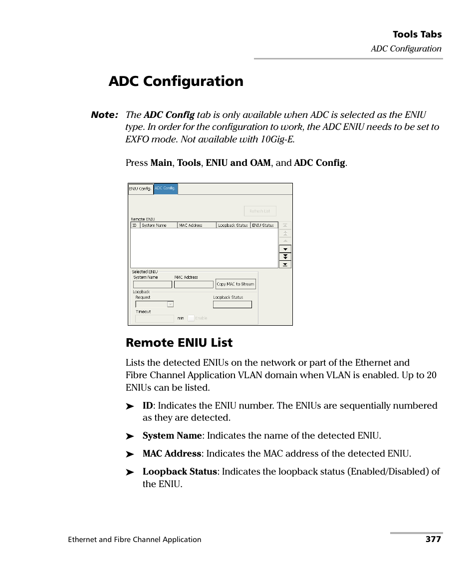 Adc configuration, Remote eniu list | EXFO FTB-8500 Series for FTB-200 User Manual | Page 391 / 513