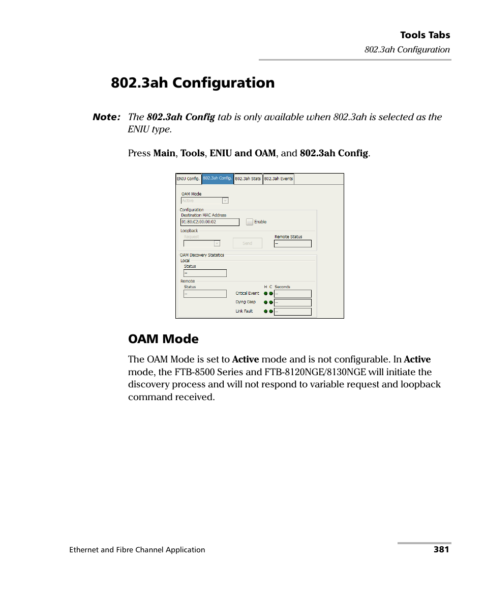 3ah configuration, Oam mode | EXFO FTB-8500 Series for FTB-200 User Manual | Page 395 / 513