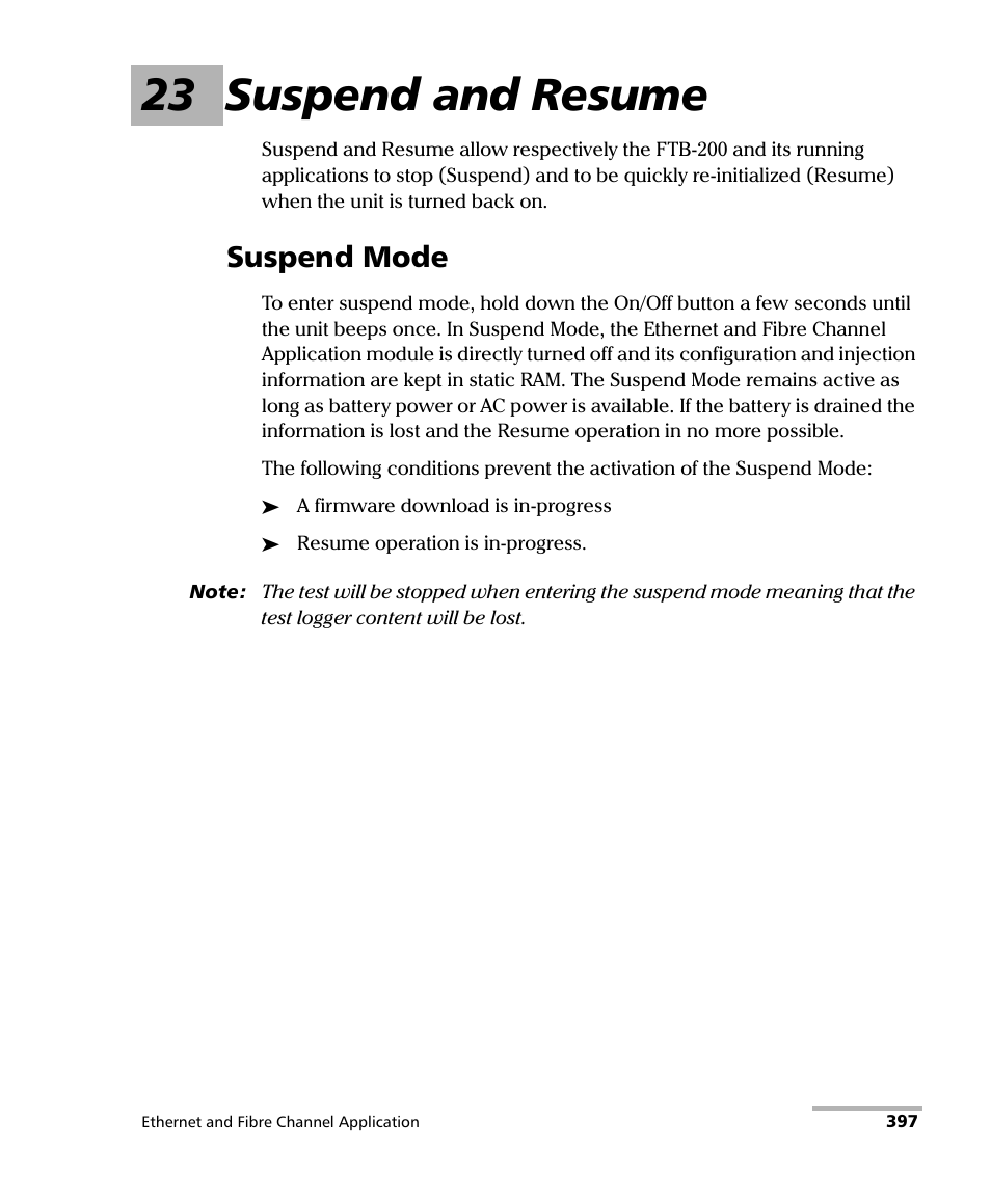 23 suspend and resume, Suspend mode | EXFO FTB-8500 Series for FTB-200 User Manual | Page 411 / 513