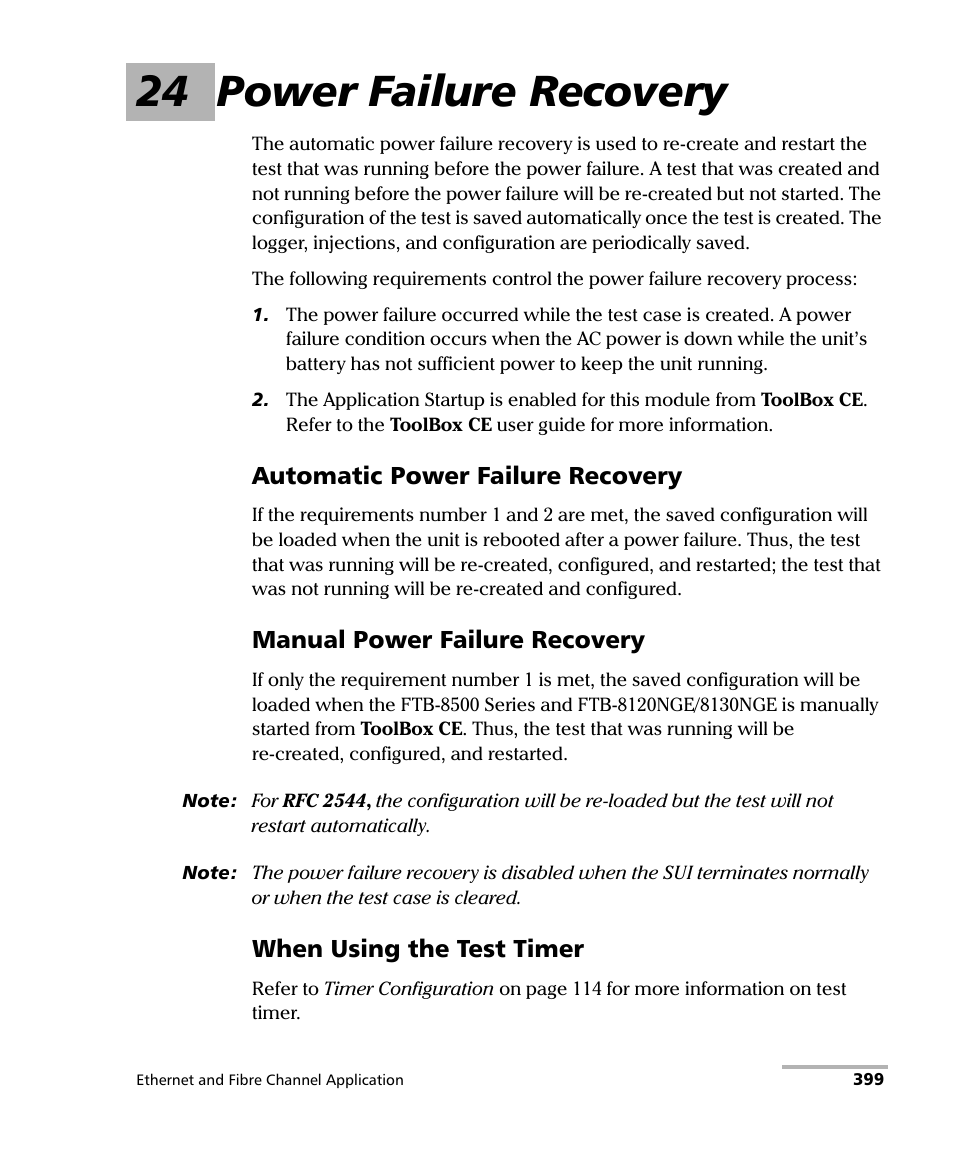 24 power failure recovery, Automatic power failure recovery, Manual power failure recovery | When using the test timer | EXFO FTB-8500 Series for FTB-200 User Manual | Page 413 / 513