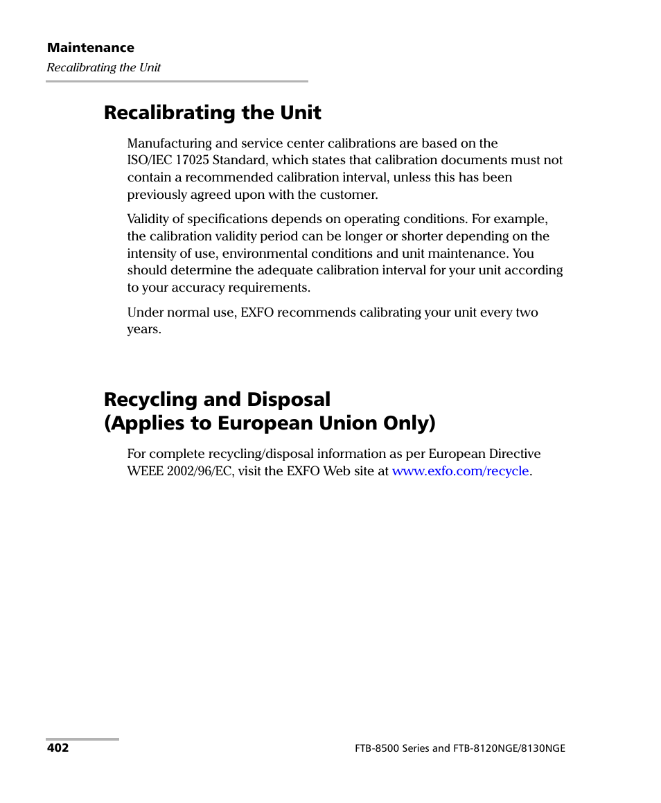 Recalibrating the unit | EXFO FTB-8500 Series for FTB-200 User Manual | Page 416 / 513