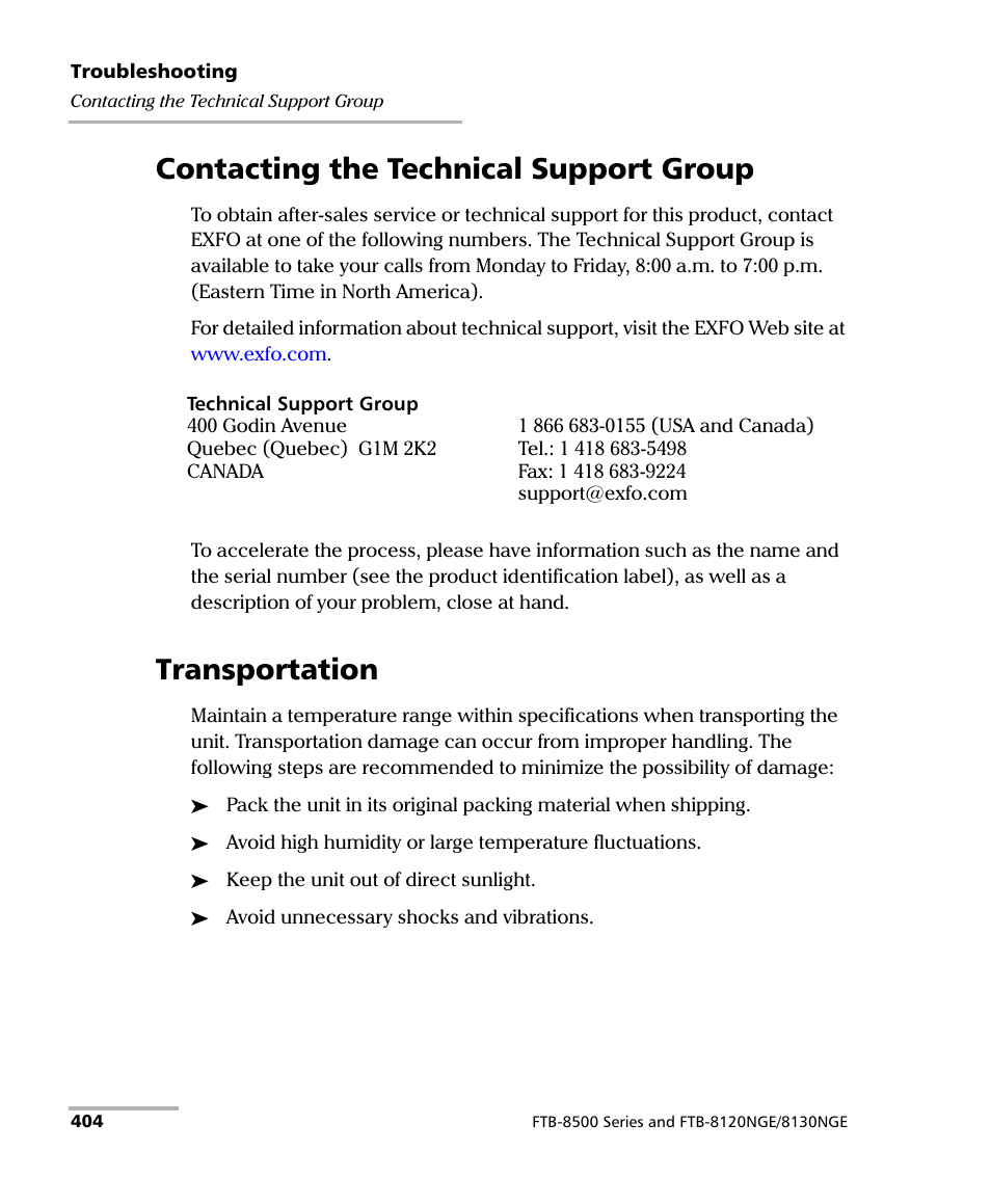 Contacting the technical support group, Transportation | EXFO FTB-8500 Series for FTB-200 User Manual | Page 418 / 513