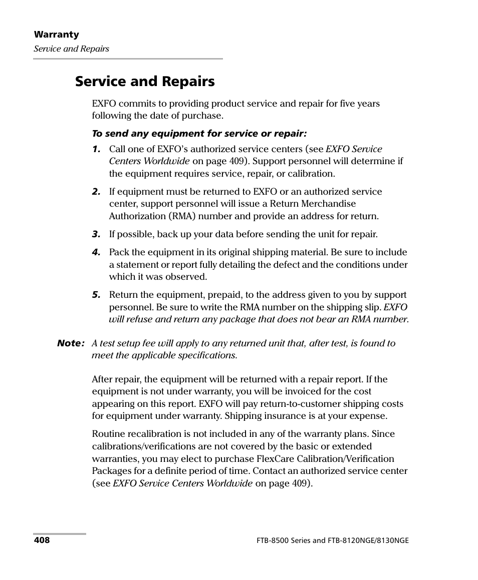 Service and repairs | EXFO FTB-8500 Series for FTB-200 User Manual | Page 422 / 513