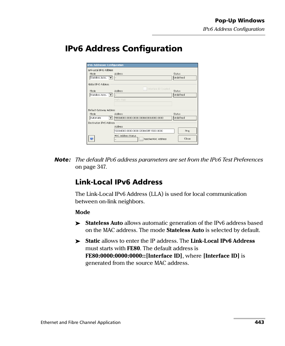 Ipv6 address configuration, Link-local ipv6 address | EXFO FTB-8500 Series for FTB-200 User Manual | Page 457 / 513