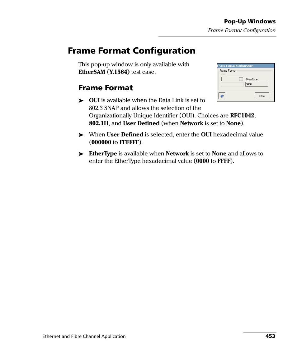 Frame format configuration, Frame format | EXFO FTB-8500 Series for FTB-200 User Manual | Page 467 / 513