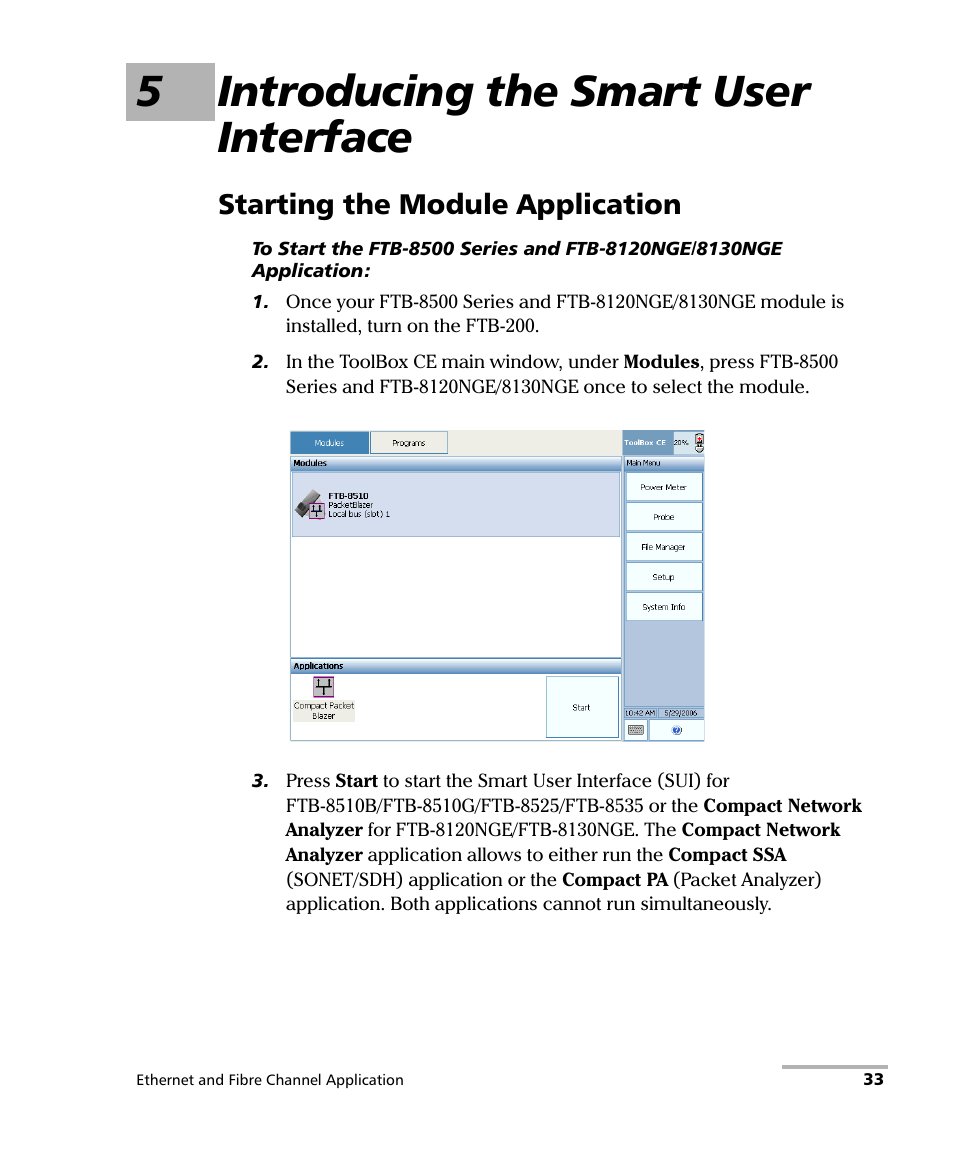 5 introducing the smart user interface, Starting the module application, 5introducing the smart user interface | EXFO FTB-8500 Series for FTB-200 User Manual | Page 47 / 513