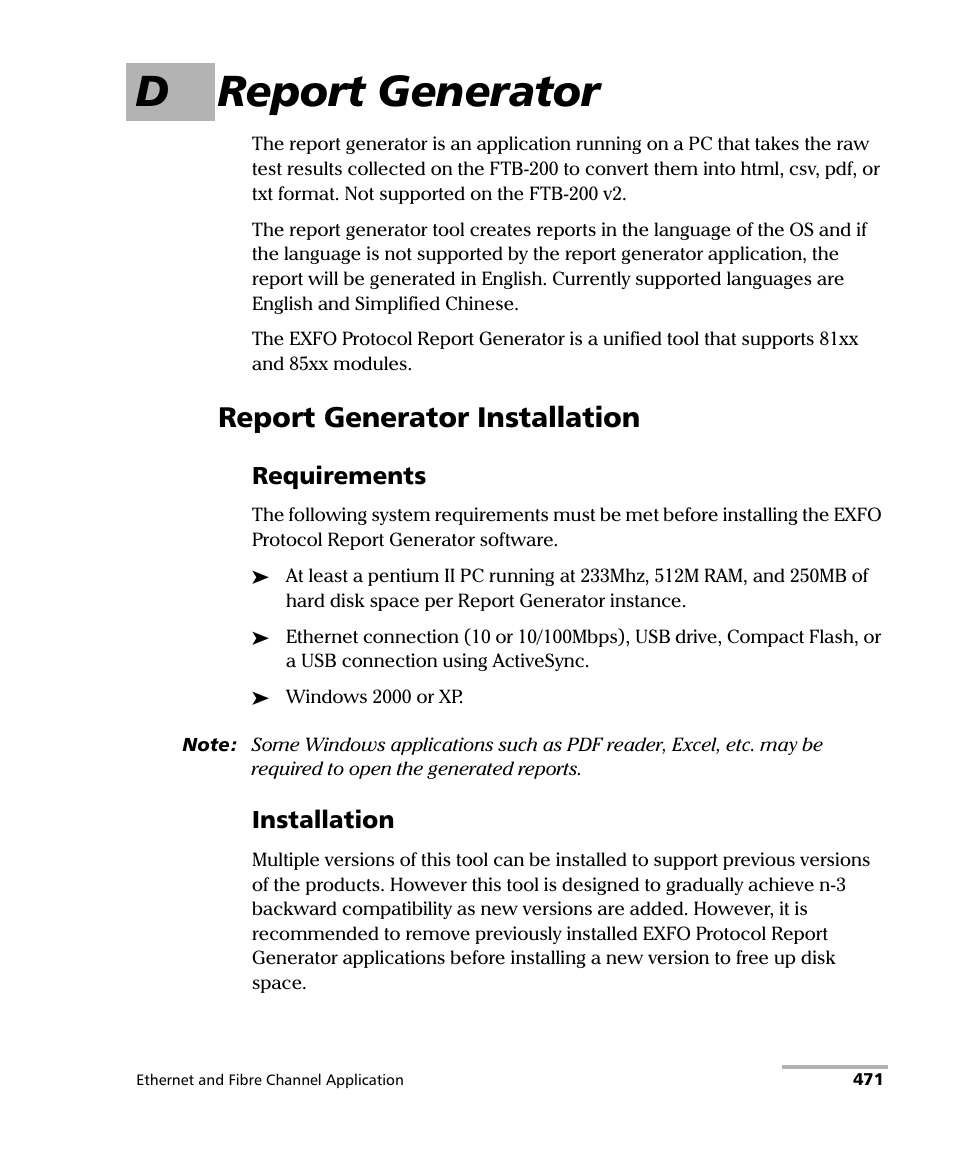 D report generator, Report generator installation, Requirements | Installation | EXFO FTB-8500 Series for FTB-200 User Manual | Page 485 / 513