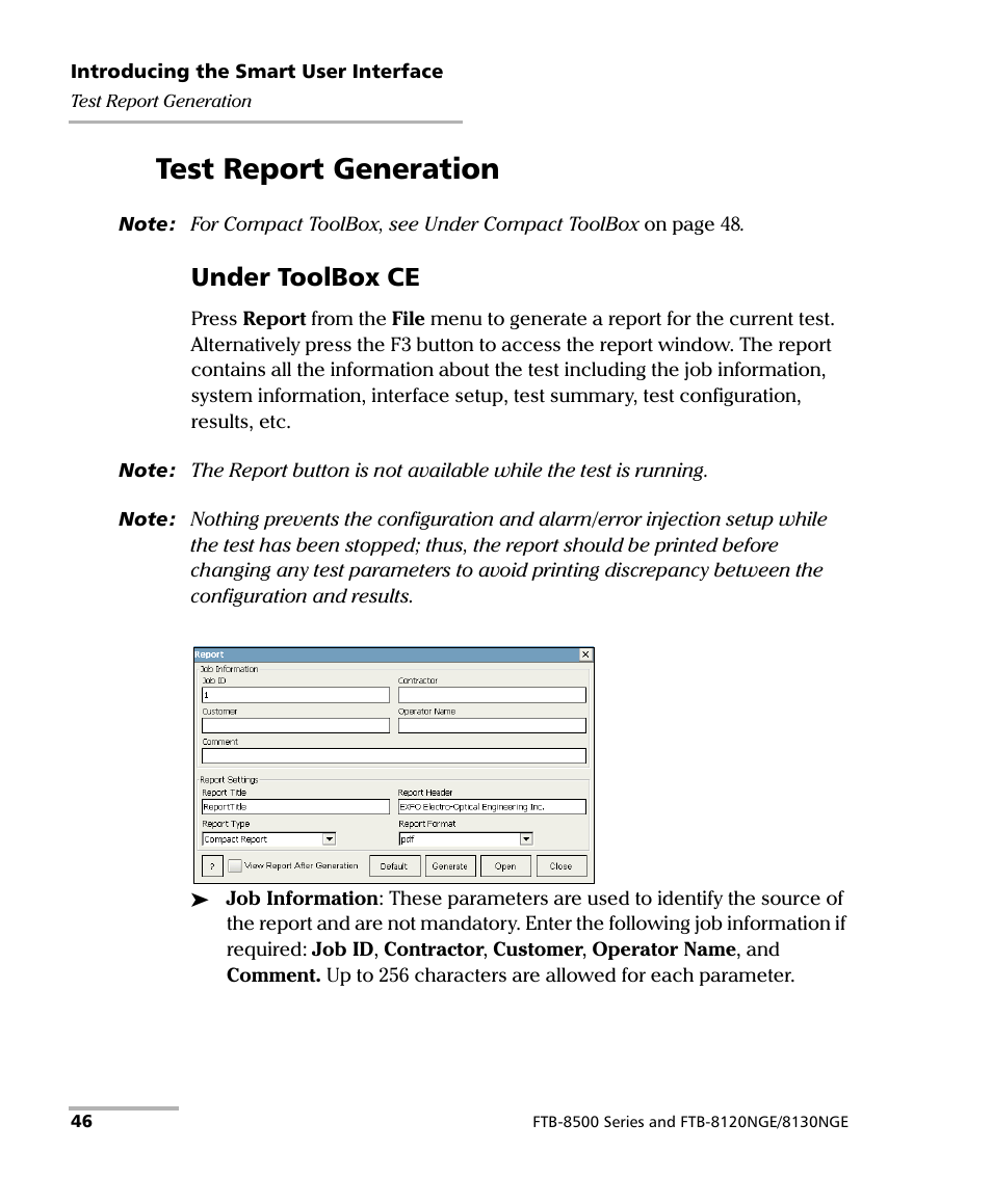 Test report generation, Under toolbox ce | EXFO FTB-8500 Series for FTB-200 User Manual | Page 60 / 513