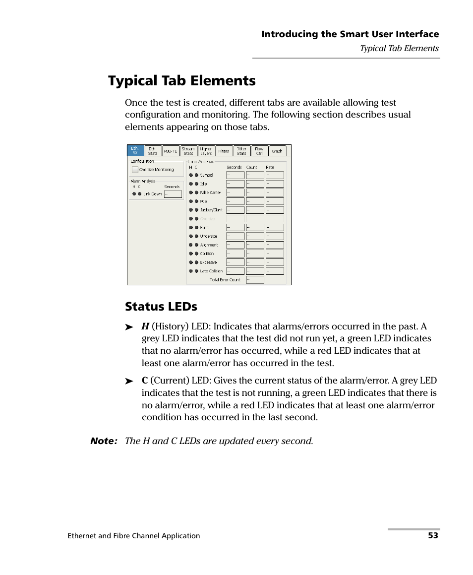 Typical tab elements, Status leds | EXFO FTB-8500 Series for FTB-200 User Manual | Page 67 / 513