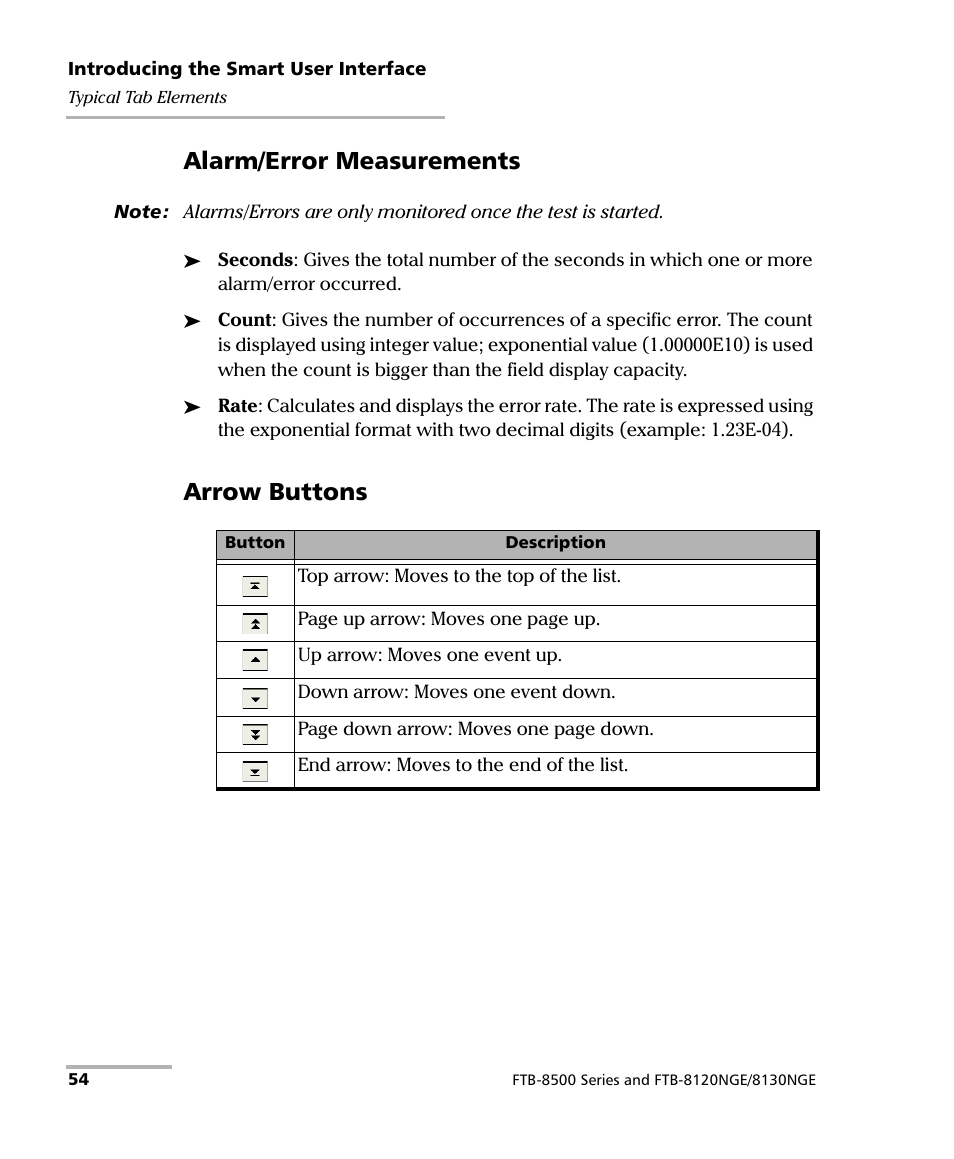 Alarm/error measurements, Arrow buttons | EXFO FTB-8500 Series for FTB-200 User Manual | Page 68 / 513