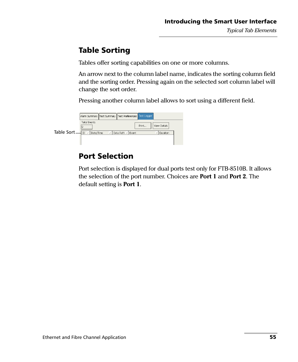 Table sorting, Port selection | EXFO FTB-8500 Series for FTB-200 User Manual | Page 69 / 513