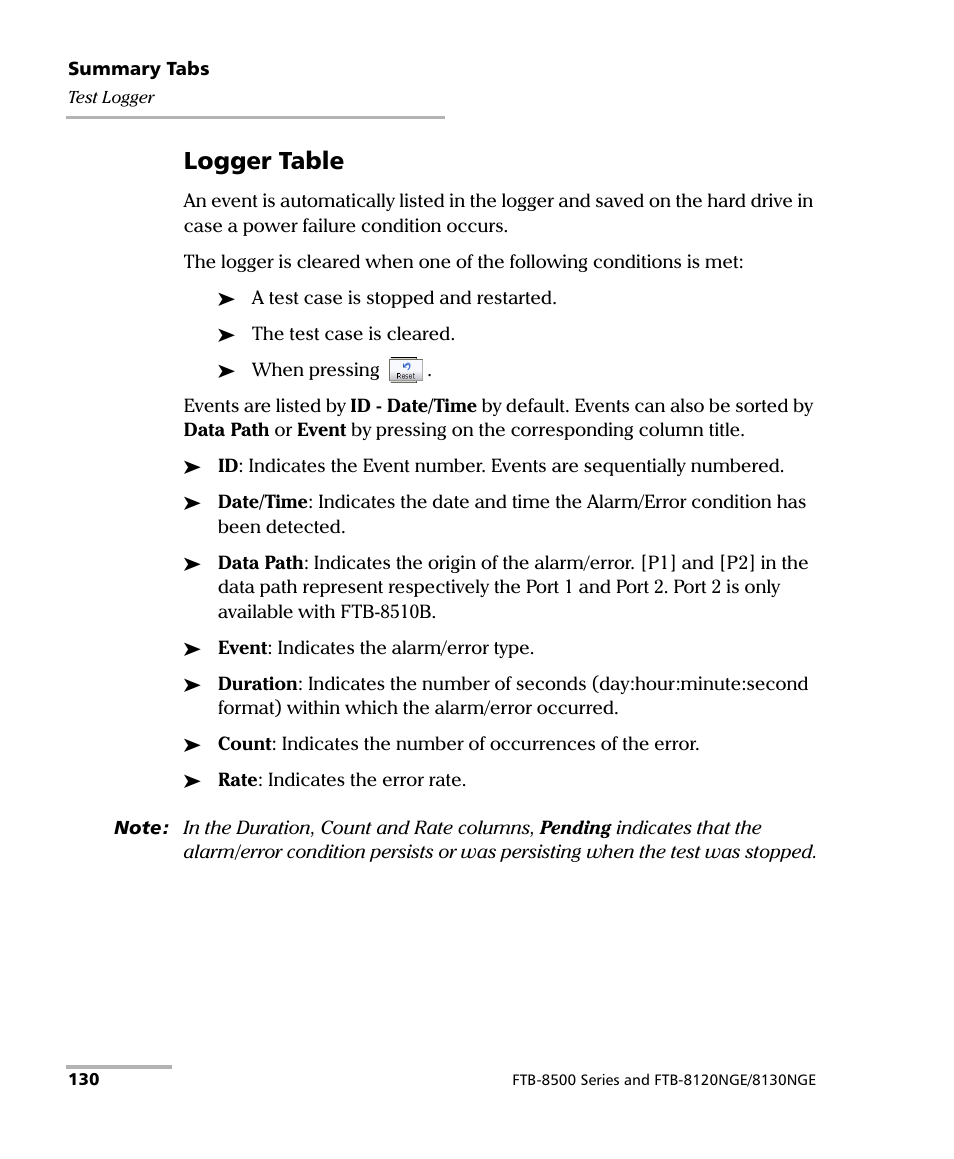 Logger table | EXFO FTB-8500 Series for FTB-500 User Manual | Page 144 / 544