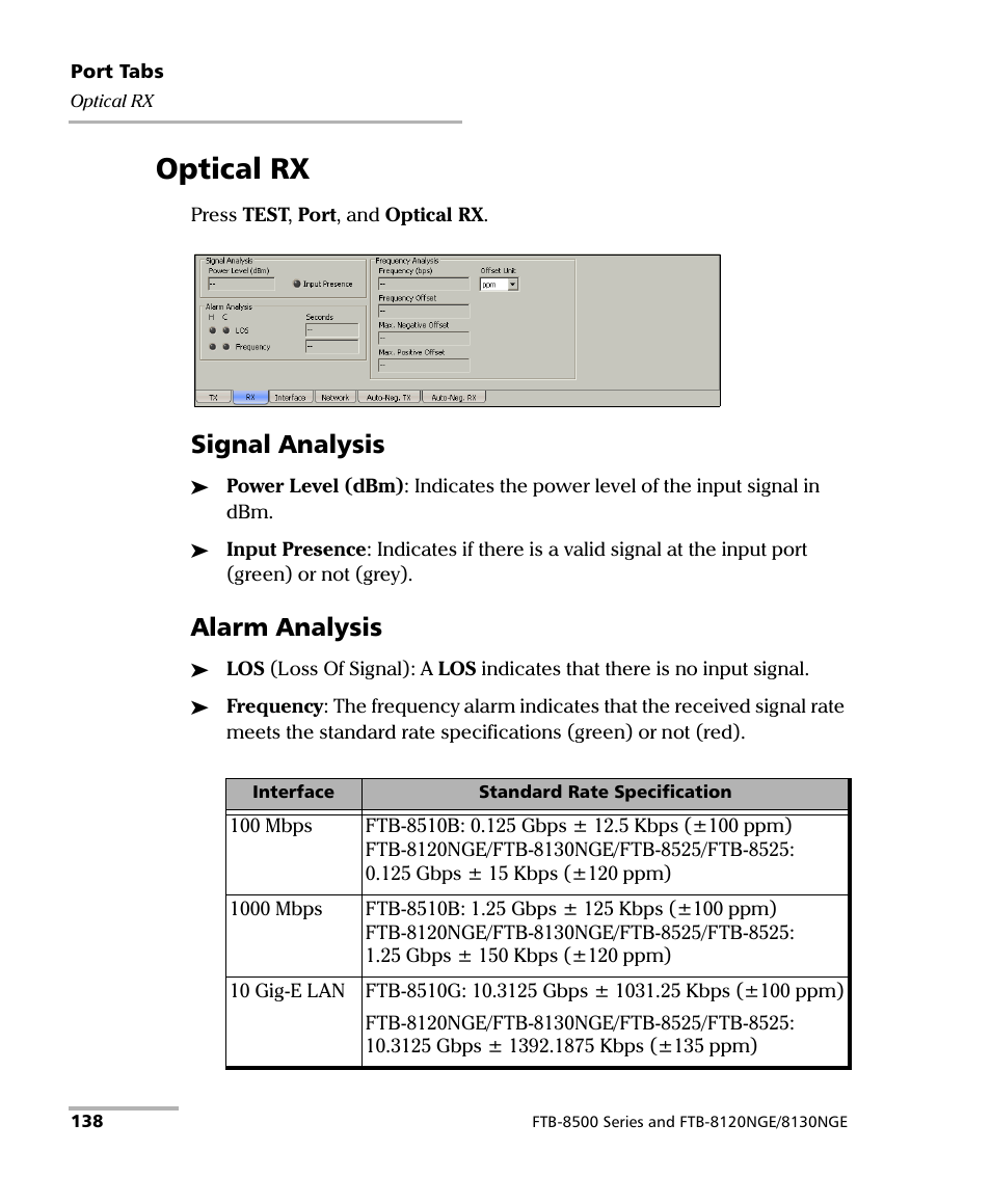 Optical rx, Signal analysis, Alarm analysis | EXFO FTB-8500 Series for FTB-500 User Manual | Page 152 / 544