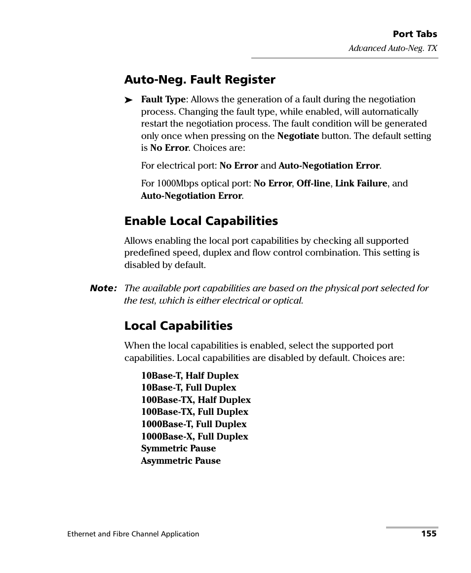 Auto-neg. fault register, Enable local capabilities, Local capabilities | EXFO FTB-8500 Series for FTB-500 User Manual | Page 169 / 544