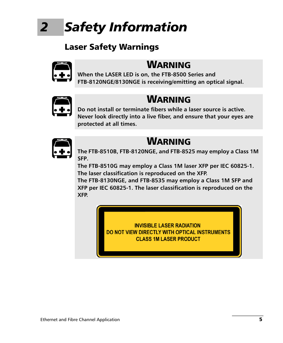 2 safety information, Laser safety warnings, 2safety information | EXFO FTB-8500 Series for FTB-500 User Manual | Page 19 / 544